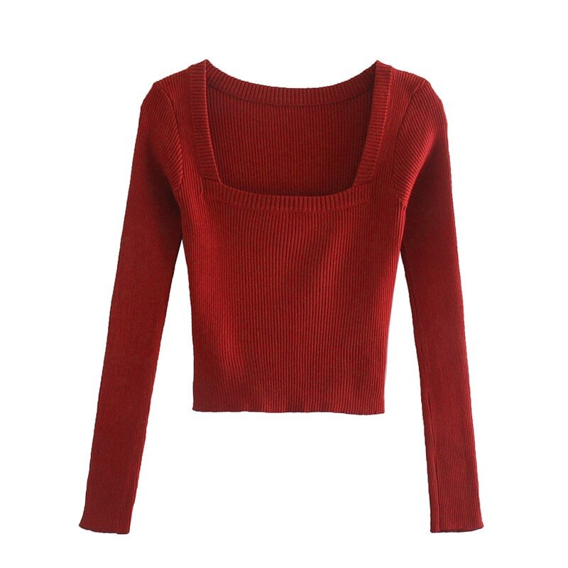 Spring and summer women's sweater casual solid color square neck long-sleeved short slim-fit sweater