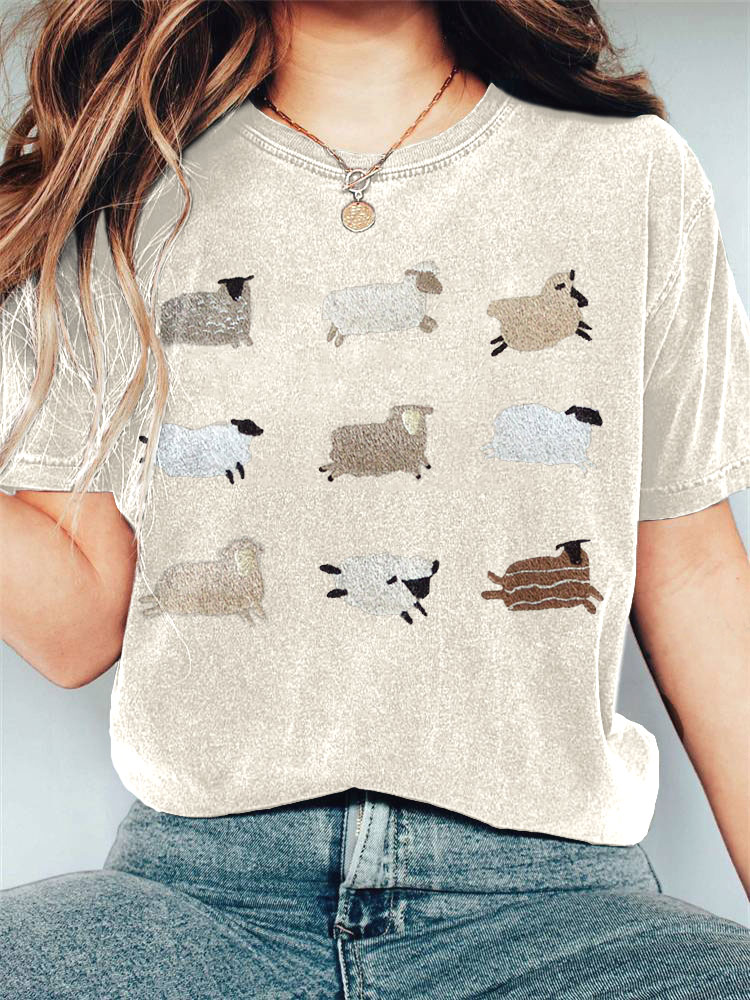 Comstylish Sheep Embroidery Pattern Casual Cotton T-Shirt