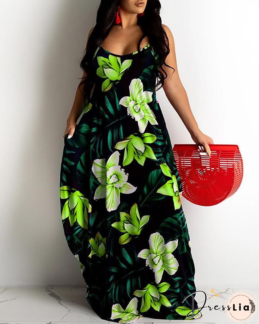 Floral Leaf Print Spaghetti Strap Maxi Dress