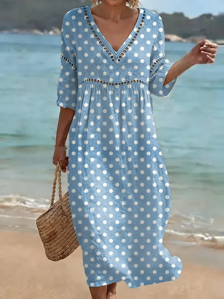 Women's Retro Polka Dot Pattern Art Print Casual Stylish Cotton Linen Dress