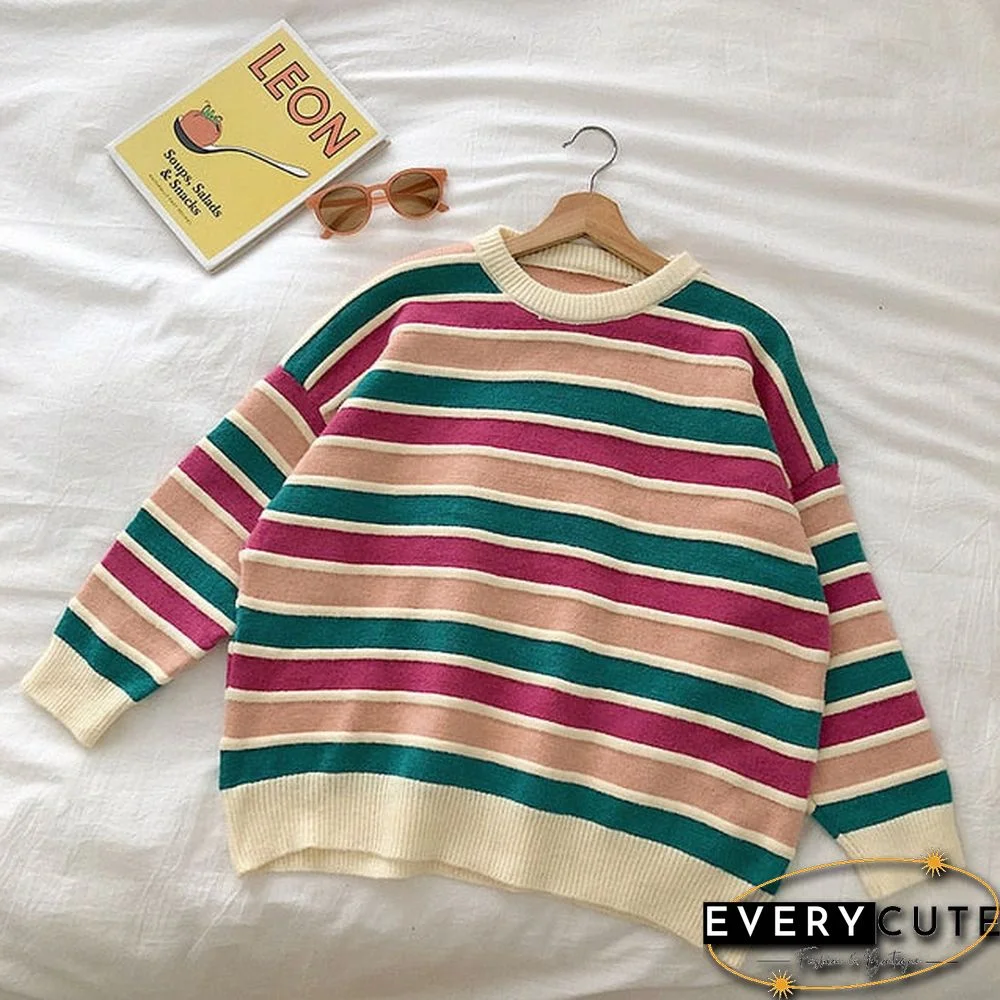 New Women Stripe Sweater Autumn Winter Loose Long Sleeve Pullover Tops Korean Ladies Knitted Patchwork Korean Sweaters
