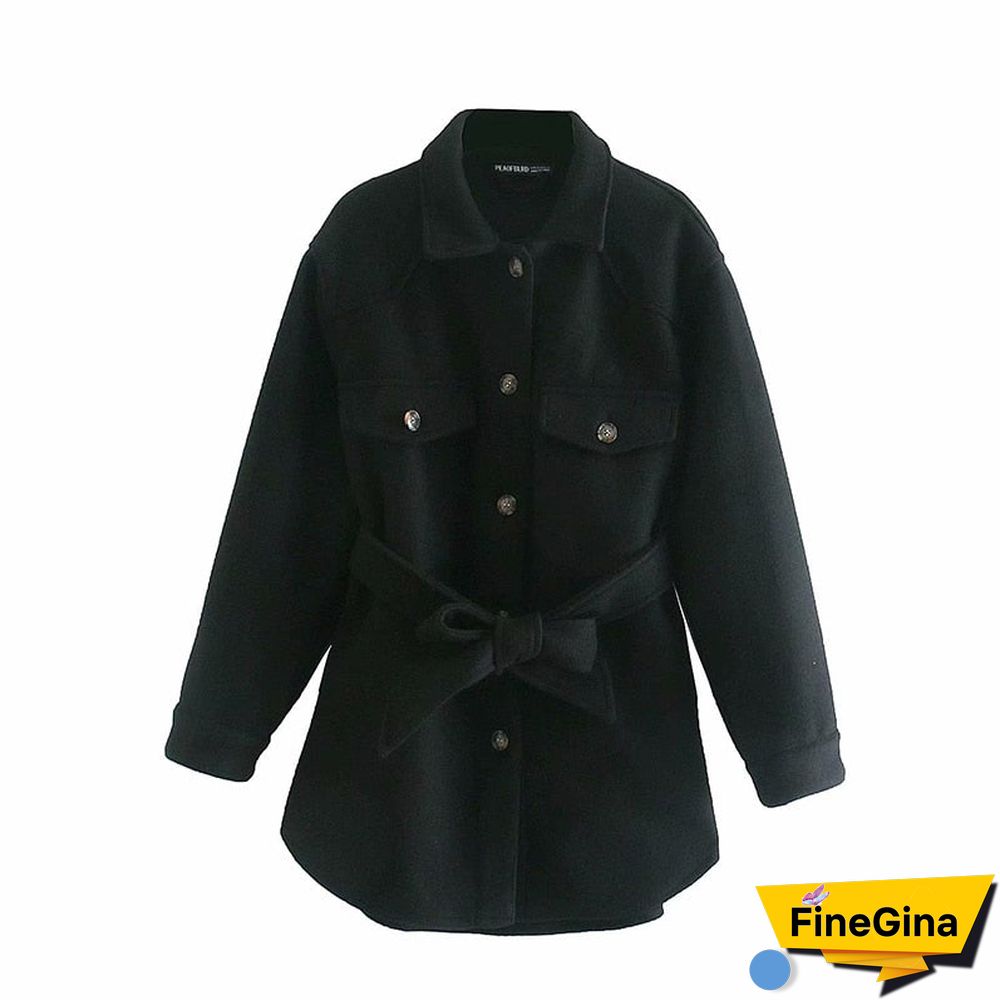 Autumn Winter Women's Vintage Woolen Coat Chic Sashes Long Sleeve Elegant Shirt Jacket Female Outwear Tops Casual Loose Overcoat