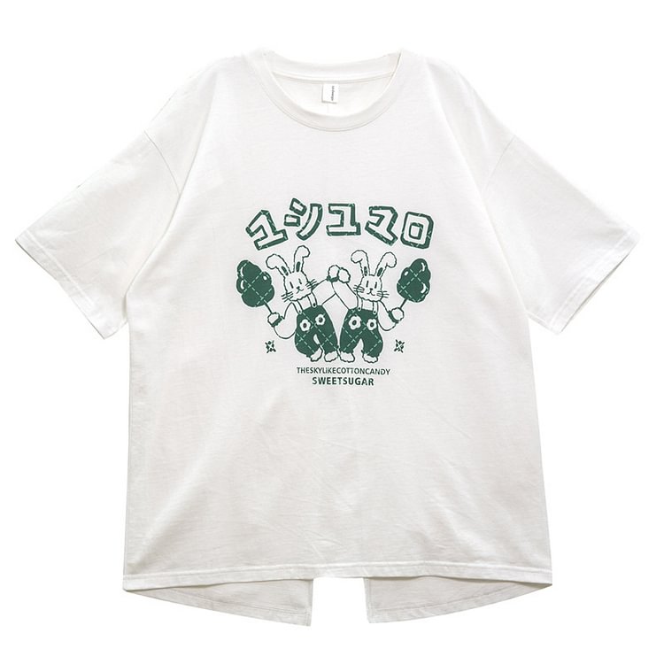 Rabbit Print Round Collar T-Shirt - Modakawa modakawa