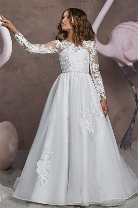 Fabulous Long Sleeves White Flower Girl Dress Long With Lace Appliques - lulusllly