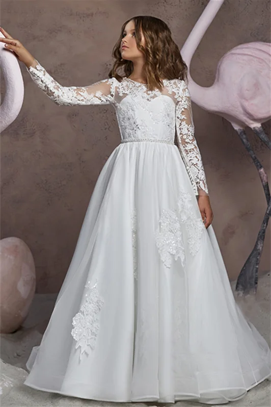 Luluslly Long Sleeves White Flower Girl Dress Long With Lace Appliques