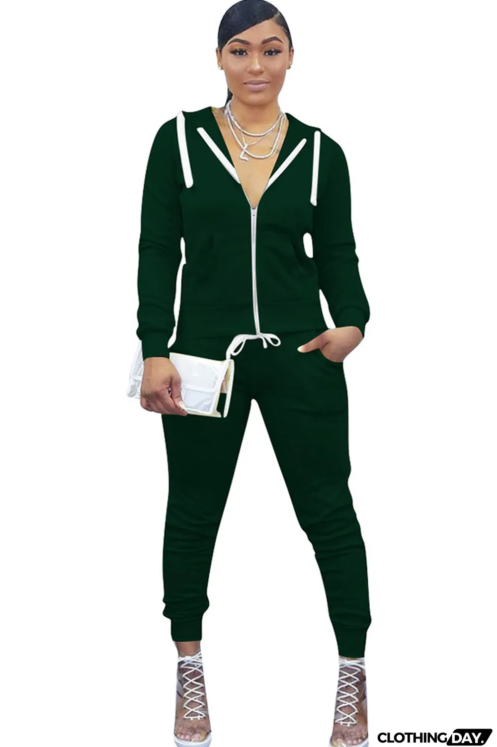 Black Polyester Casual Two Piece Suits Solid Patchwork pencil Long Sleeve Two-piece Pants Set