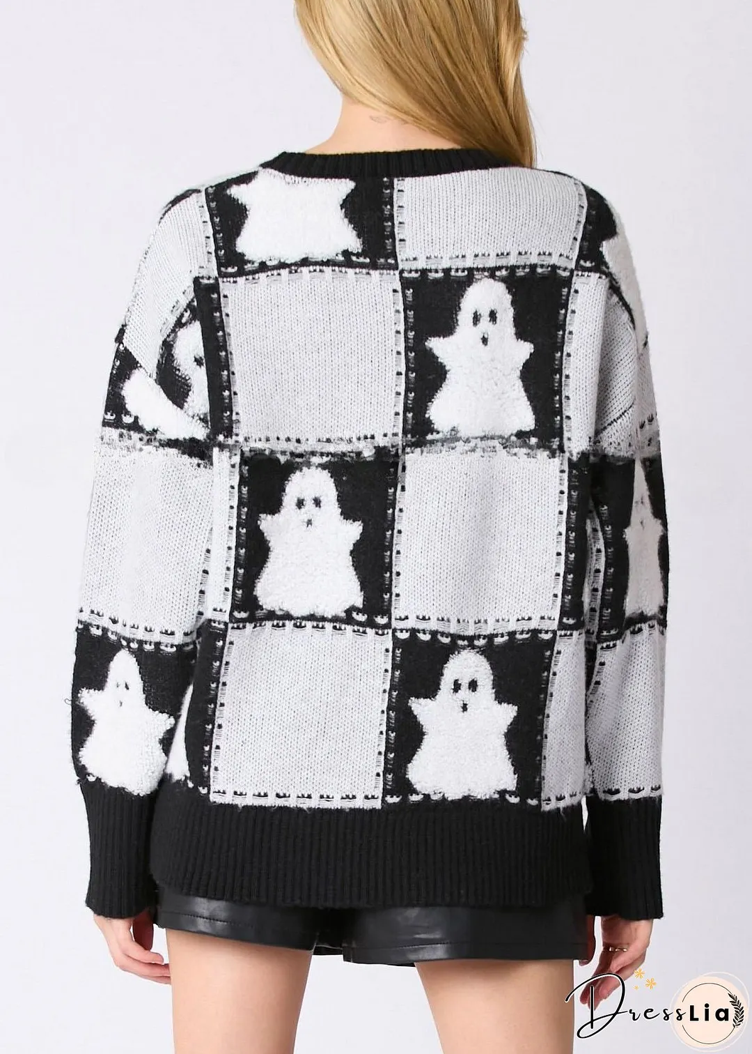 Plus Size White O Neck Plaid Knit Sweater Long Sleeve