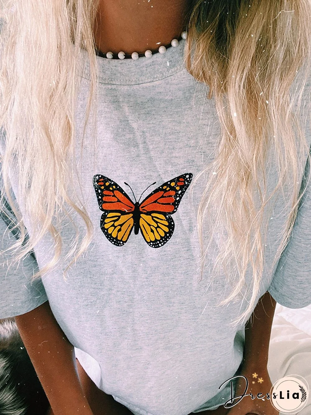 Casual Grey Butterfly Print T-Shirt