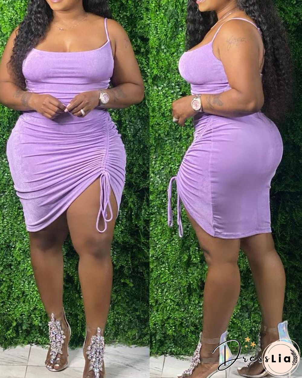 Plain Square Neck Drawstring Ruched Cami Bodycon Dress