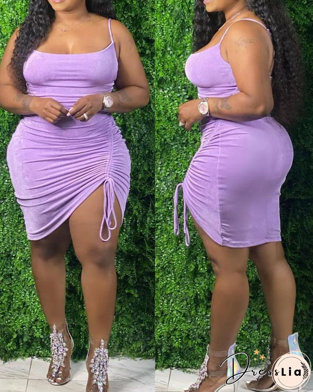 Plain Square Neck Drawstring Ruched Cami Bodycon Dress