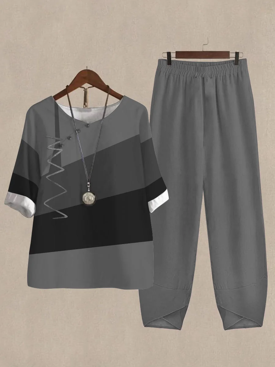 Linen Casual Women's Color Block Print Two Pieces Set