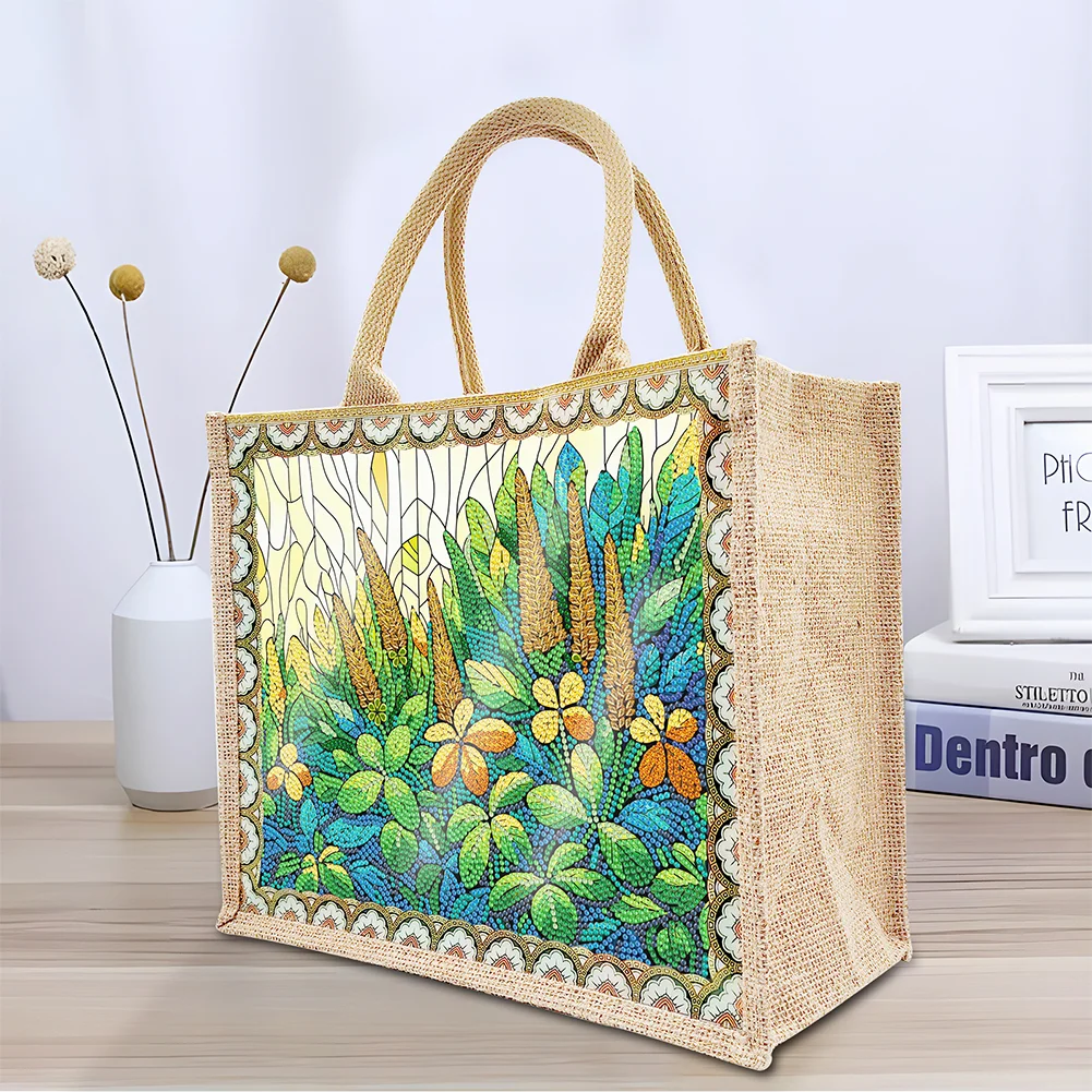 Linen Green Garden Diamond Art Large Capacity Handbag Birthday Gift for Friends