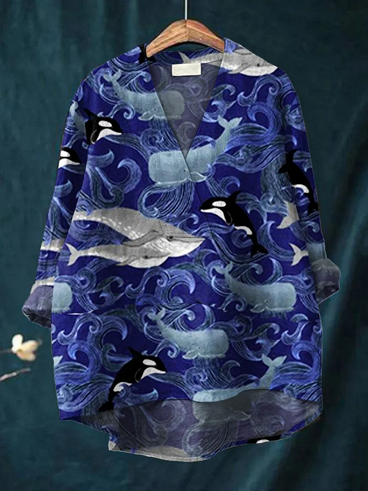 Women's Japanese  Art  Print Casual Cotton And Linen V-neck Shirt