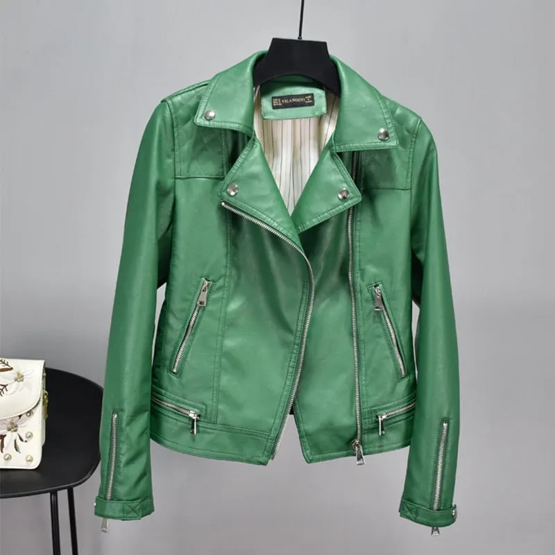 FTLZZ New Autumn Faux Soft Leather Pu Motorcycle Women Rivet Zipper Jacket Coat Female Turndown Collar Slim Biker Outerwear