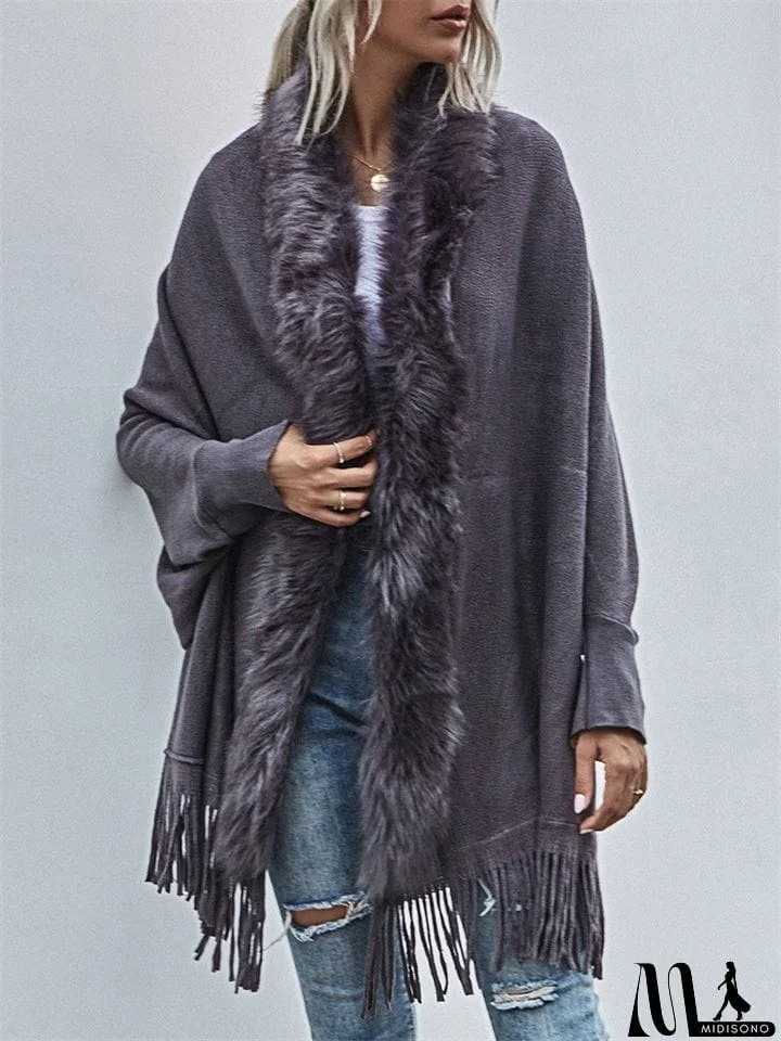 MidiSono - Elegant Lady Fur Collar Tassel Design Batwing Sleeve Cardigan Shawl Sweaters