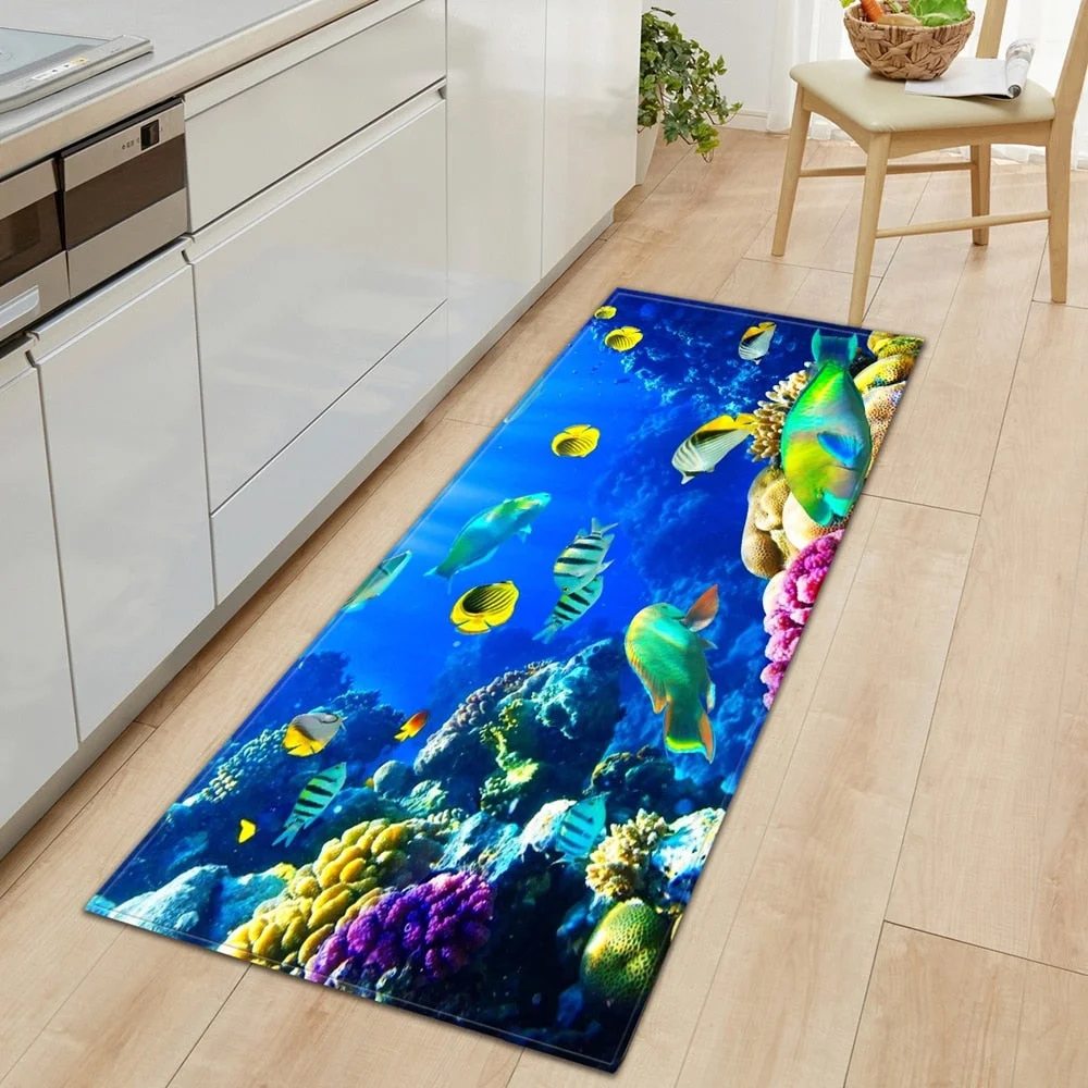 3D Ocean World Fish Carpet Kitchen Mat Entrance Doormat Bedroom Home Floor Decoration Living Room Carpet Bathroom Anti-slip Rug