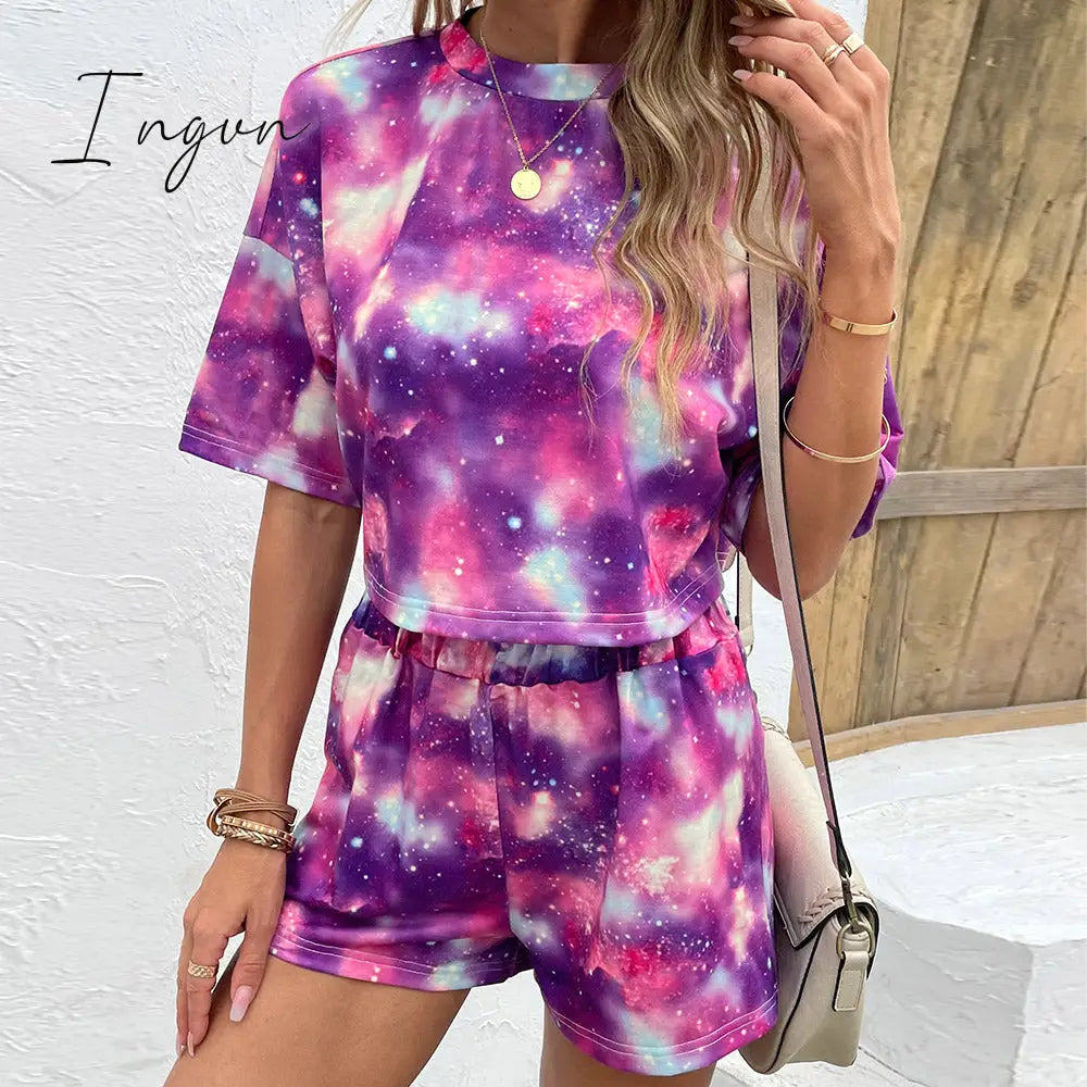 Ingvn - Tie Dye Round Neck Dropped Shoulder Half Sleeve Top And Shorts Set Fuchsia / S