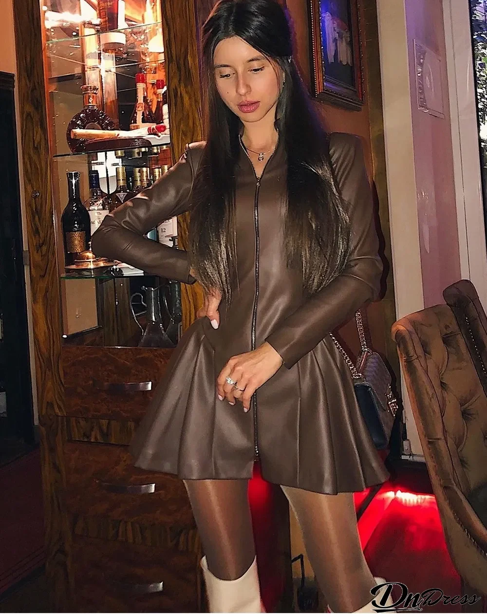 Winter Vintage Style Zipped Up Pleated Leather Dress