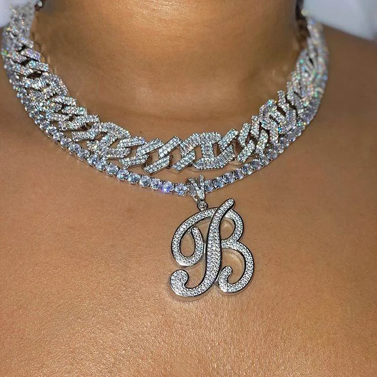 A-Z Iced Out Cursive Custom Name Pendant Necklace-VESSFUL
