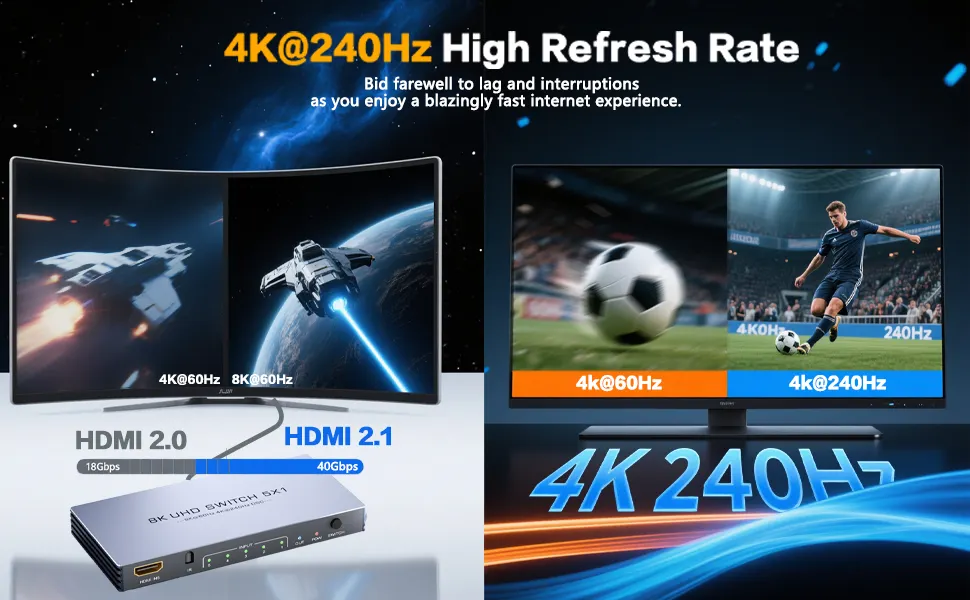 Text reads '4K@240Hz High Refresh Rate'. Technical product display showing multiple screen refresh rate options and specifications with digital graphics.