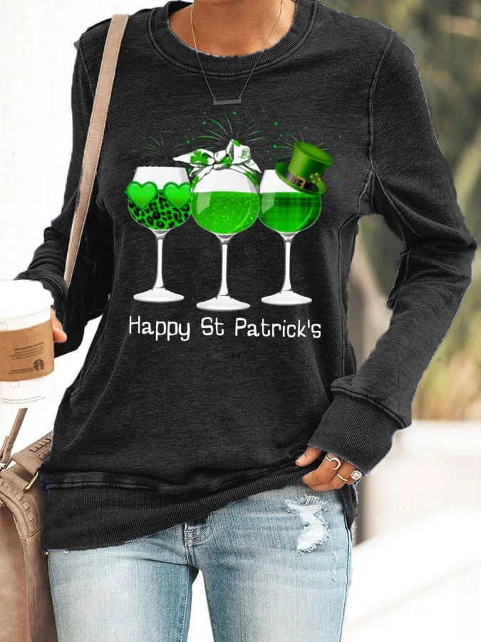 Women's Three Wine Glass St Patrick's Day Shamrock Print Casual Sweatshirt socialshop