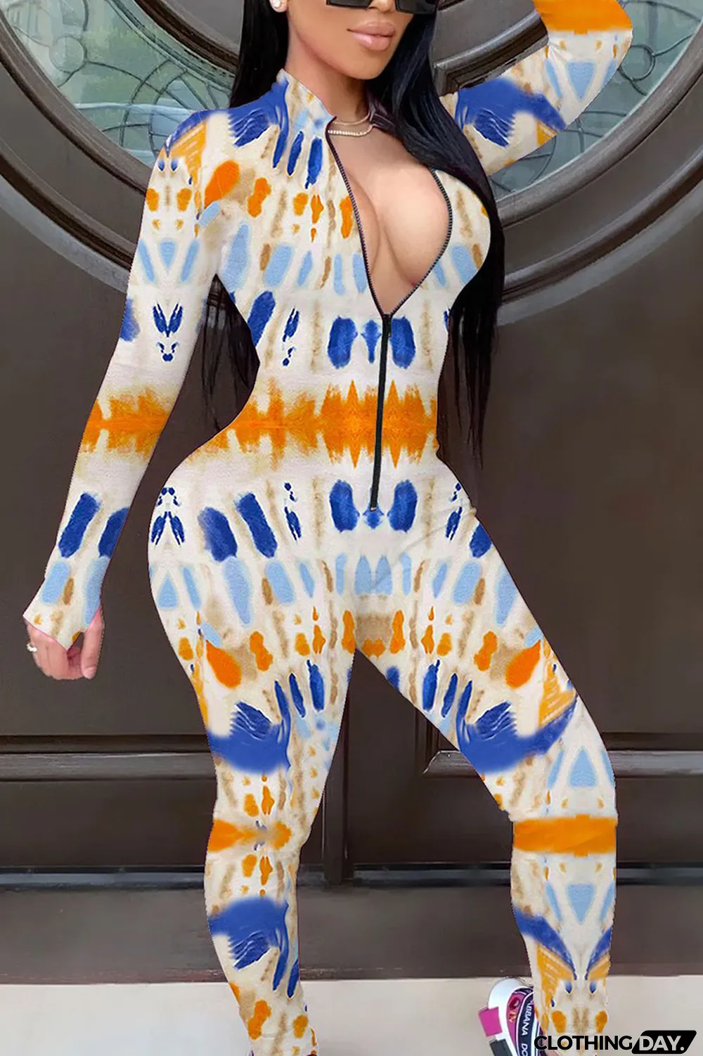 Orange Fashion Print Split Joint O Neck Regular Jumpsuits