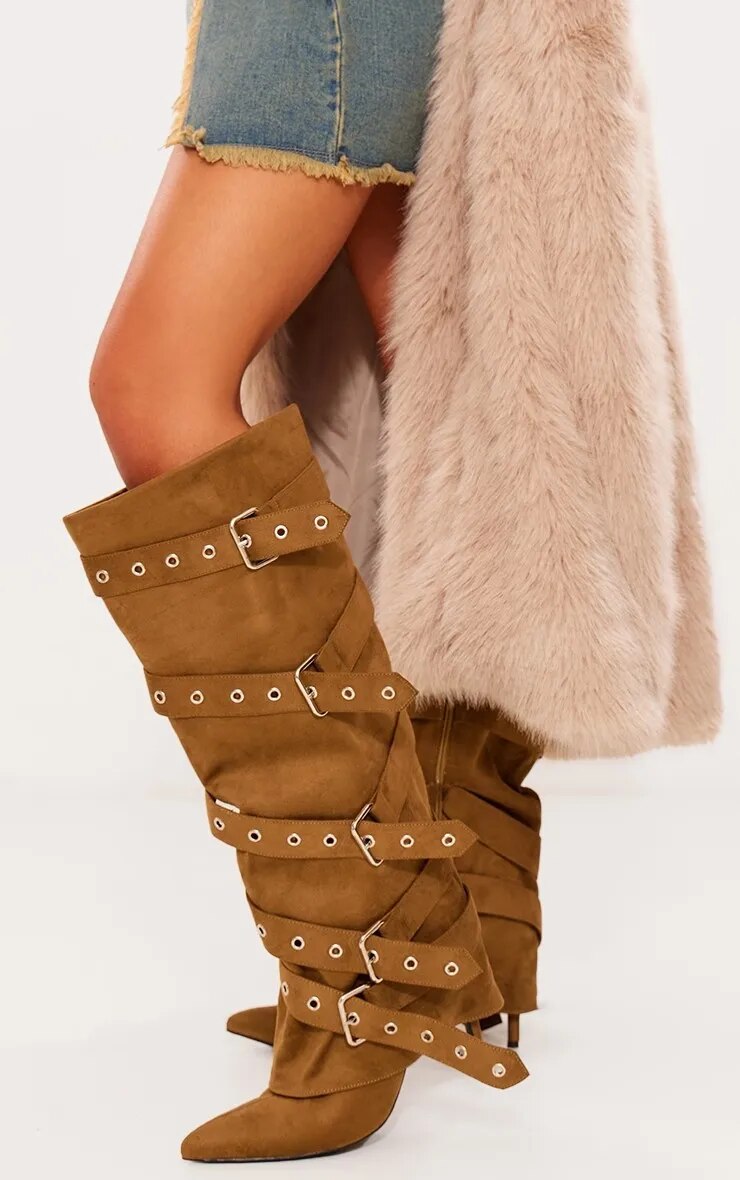 TAAFO Knee-High Ladies Boots Brown Heels Modern Pointed Toe Belt Buckle Female Shoes For Women Pumps Western Boots