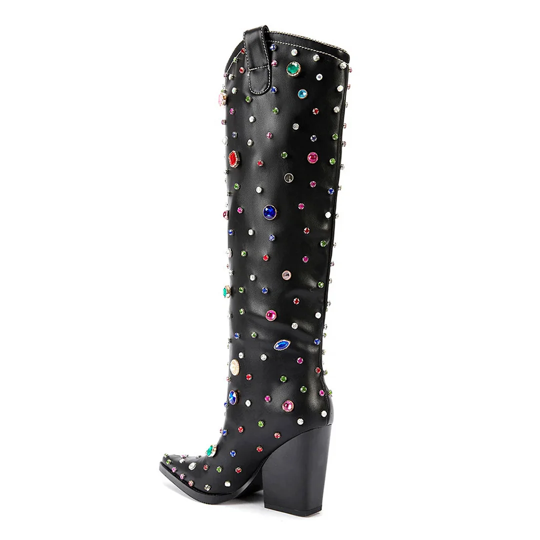 Black Faux Leather Pointed Toe Rhinestone Knee High Cowgirl Boots