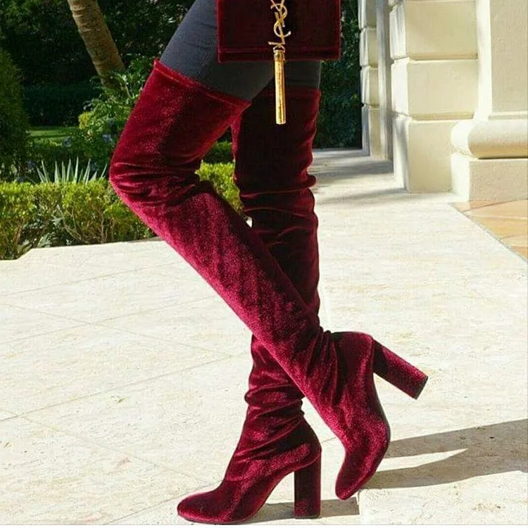 Maroon Velvet Boots Chunky Heel Thigh High Boots |FSJ Shoes
