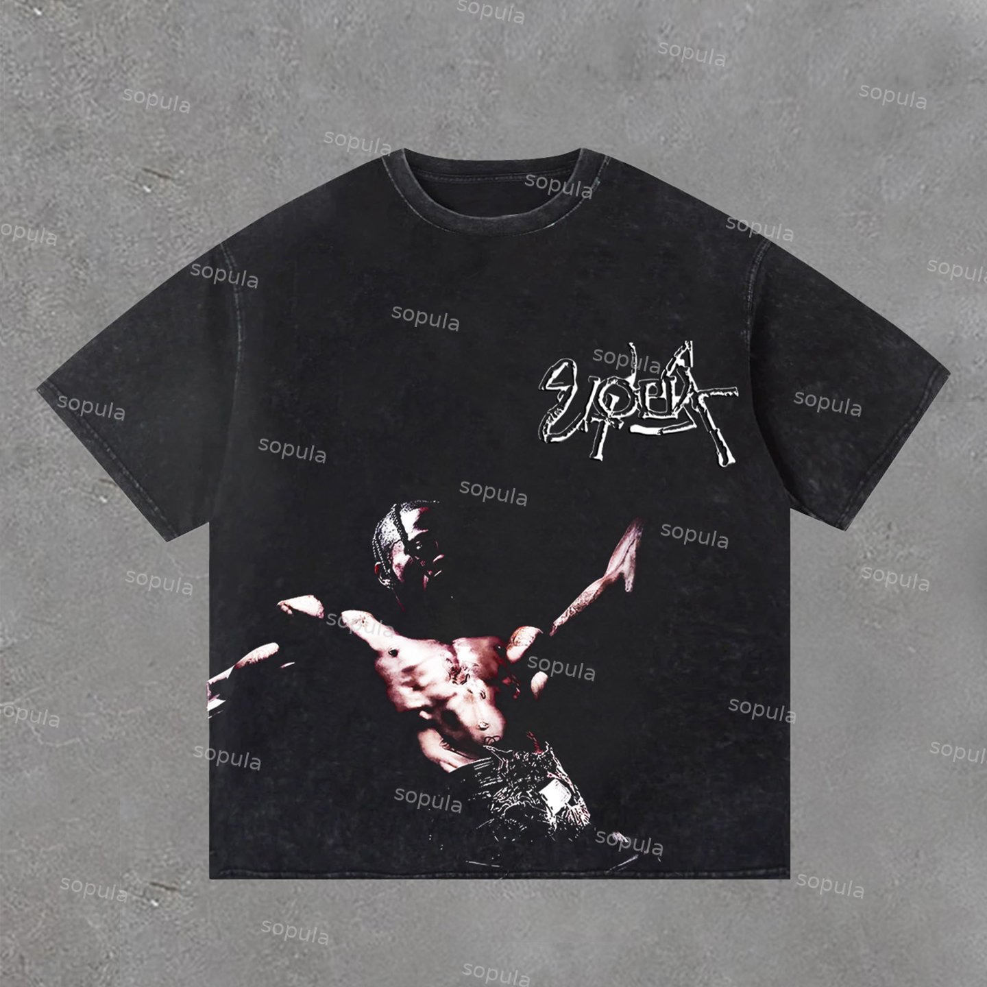 Travis Scott Portrait Graphic Print Acid Washed T-Shirt - SOPULA
