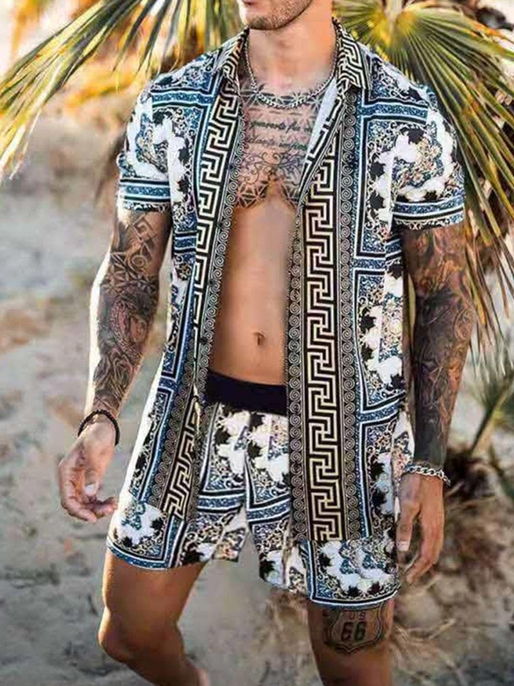 Summer Beach Loose Print Short Sleeve Men's Suit