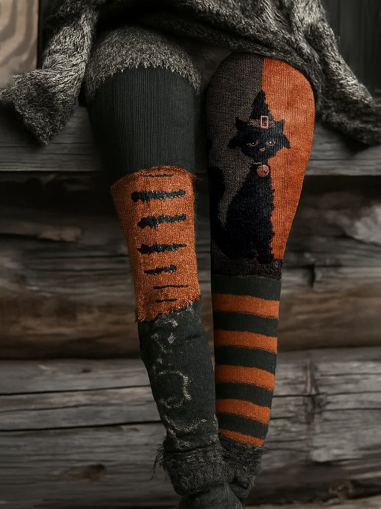 Women's Retro Halloween Contrast Color Comfortable Knitted Print Leggings 