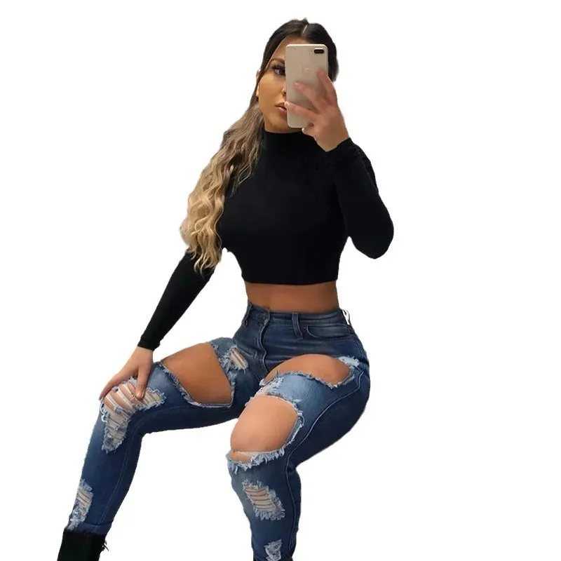 Churchf Churchf 2024 Fall / Winter Women's New Long Sleeve High Collar Solid Color Short Crop Sexy Slim Fashion T-Shirt Women