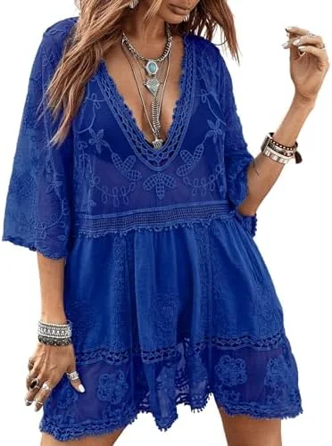 B2prity Women's Contrast Lace Bathing Suit Cover Up V-Neck Swimsuit Coverups Loose Swimwear Beach Dress Beachwear