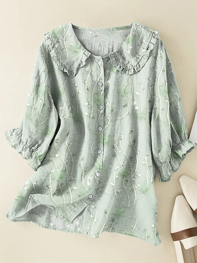 Casual Cotton and Linen Peter Pan Ruffle Collar Shirt