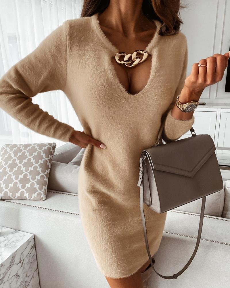 Fluffy Chain Decor Long Sleeve Sweater Dress