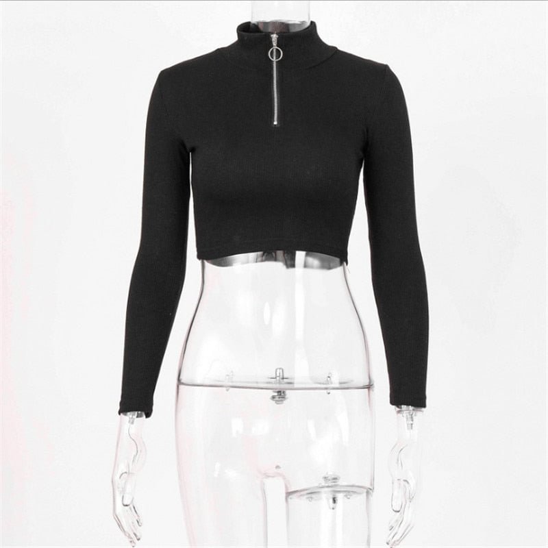 Women Long Sleeve Zipper Crop Top Fashion Stand Collar Solid Color Ribbed Knitted Autumn Spring T Shirt Casual Clothes