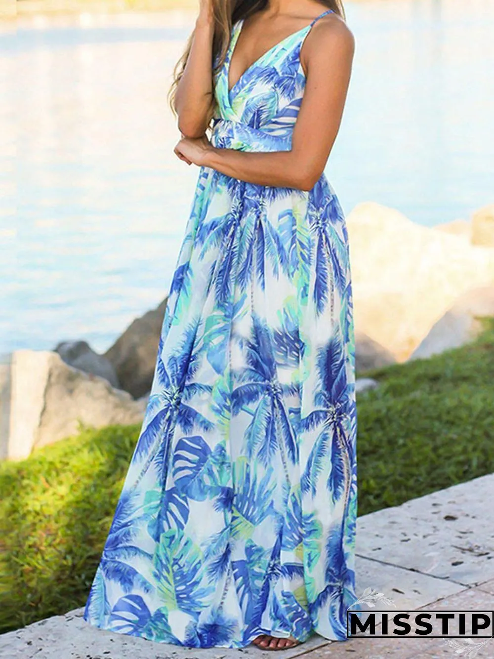 Beach Sling Leak Back Flower Print Maxi Dress P10165