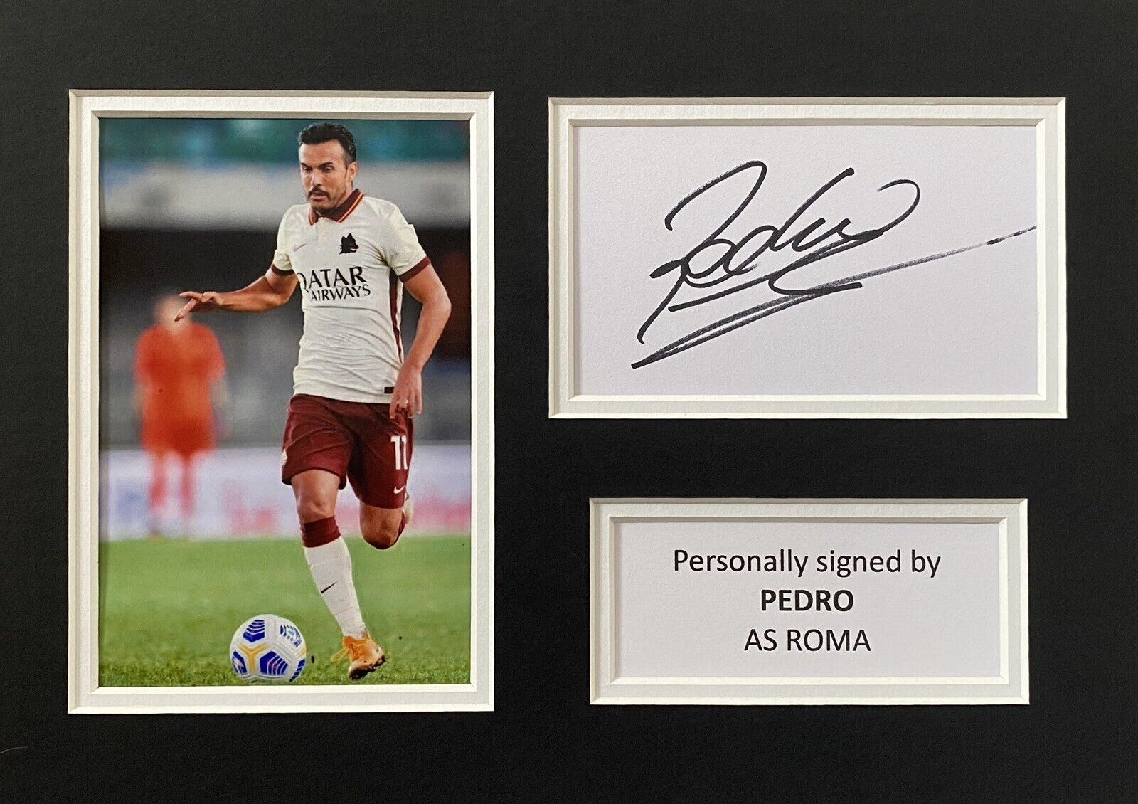 Pedro Hand Signed White Card In A4 AS Roma Mount Display