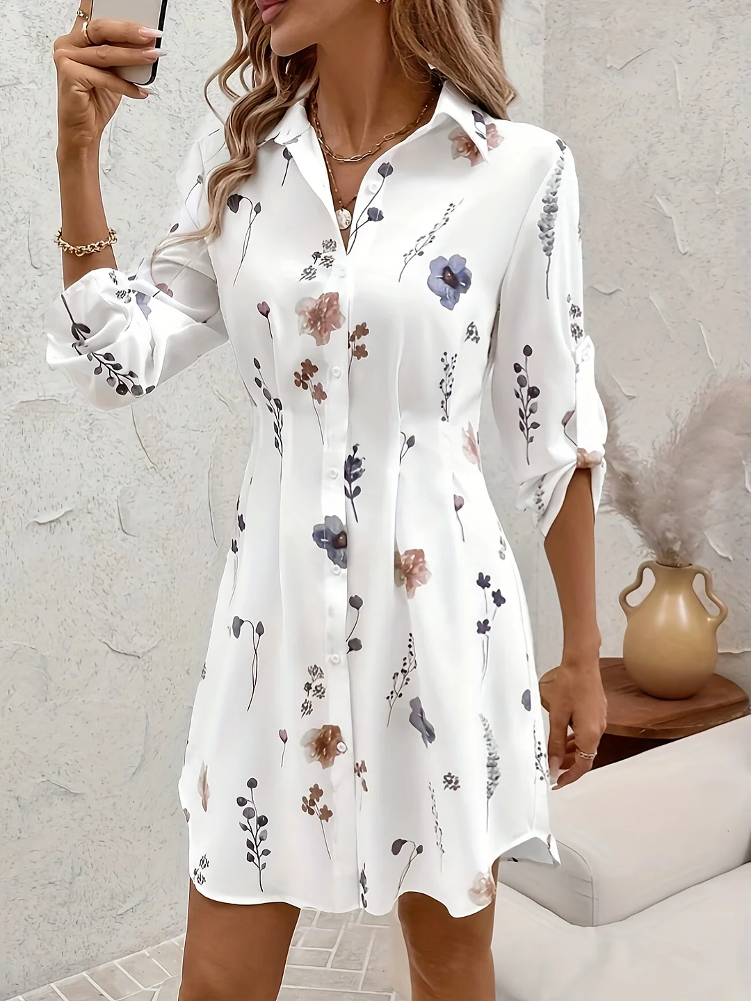 Floral Print Women's Dress - Long Sleeves, Ruffle Detail, White With Pink, Purple & Green Floral Design | Perfect For Spring & Fall, Versatile Commute Dress | IFYHOME