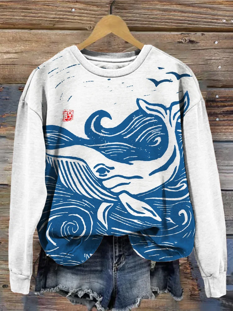Deep Ocean Whale Japanese Lino Art Cozy Sweatshirt