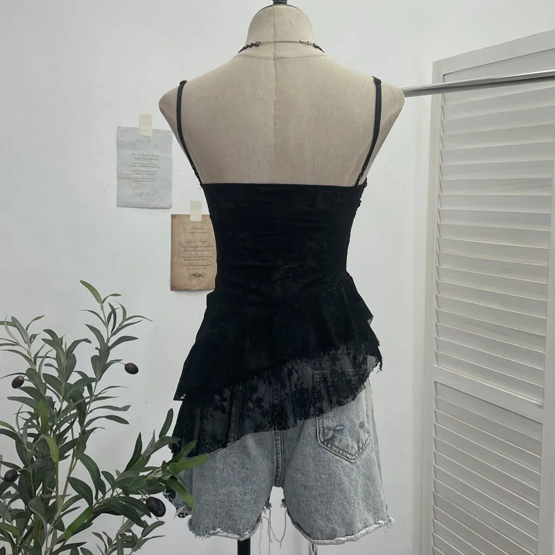 Uveng Real Shoot Sweet Spice Girls Irregular Lotus Side With Chest Pad Sling Vest Sexy Lace Sleeveless Top 1139