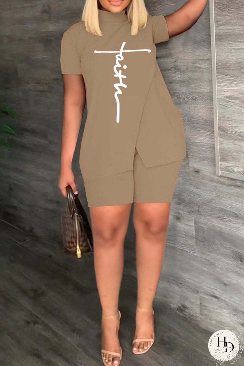 Khaki Casual Print Slit Turtleneck Short Sleeve Two Pieces