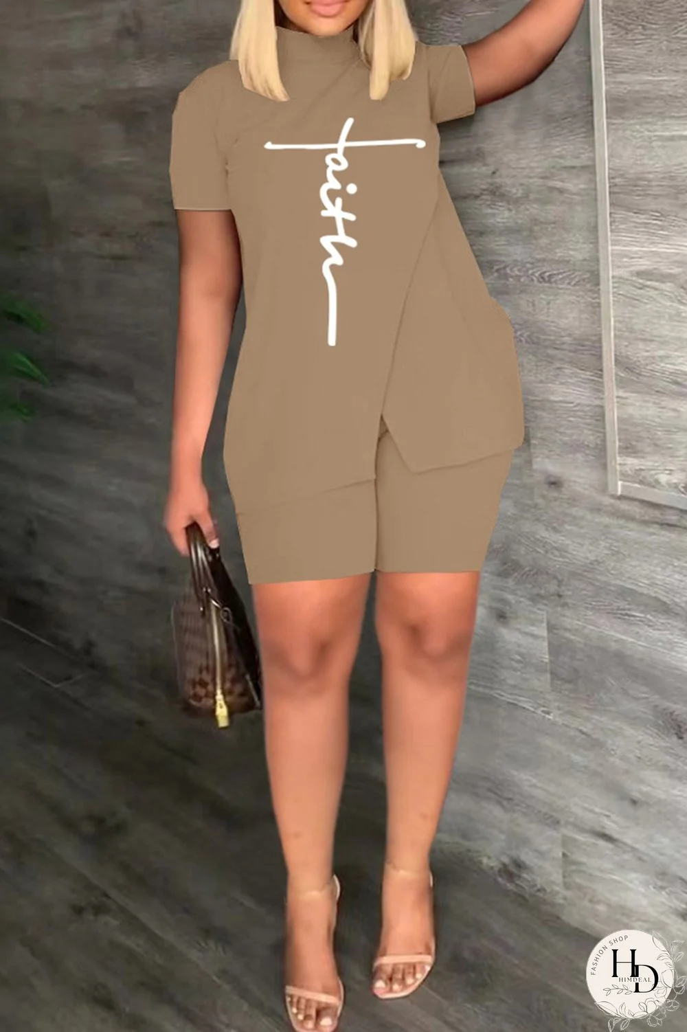 Khaki Casual Print Slit Turtleneck Short Sleeve Two Pieces