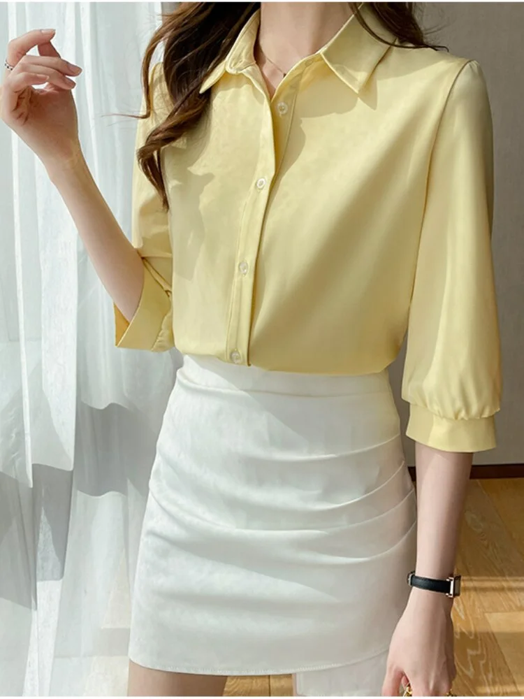 uveng Women Shirt Three Quarter Sleeve Blouses for Women Satin Blouses and Shirts Summer Fashion Women Clothing White Women Tops