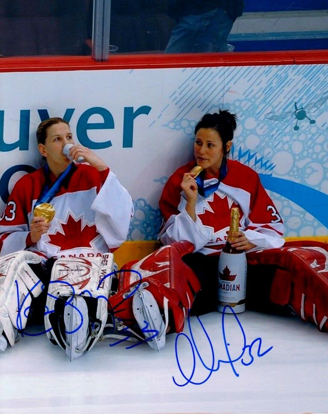 KIM ST-PIERRE & CHARLINE LABONTE SIGNED TEAM CANADA 2010 GOLD MEDAL 8x10 Photo Poster painting