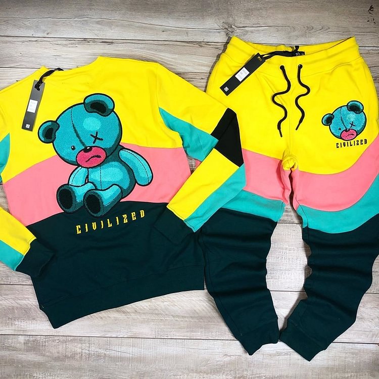 Fashion color matching cute XX bear printed sweater set