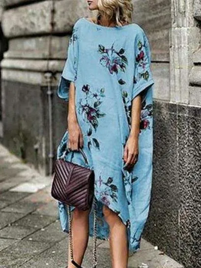 Printed Floral Irregular Hem Loose Dress