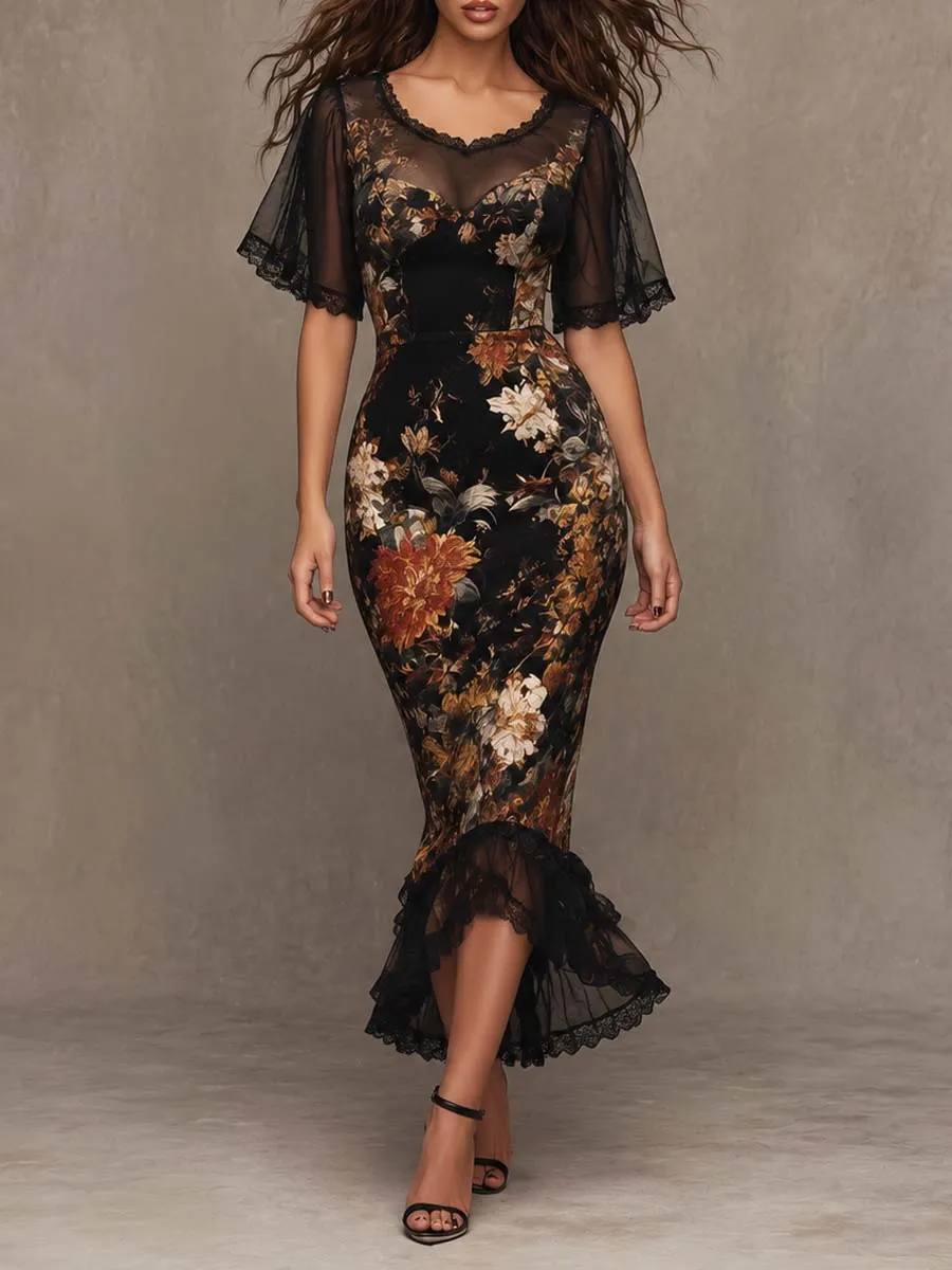 Front view of vintage gothic floral lace mermaid midi dress