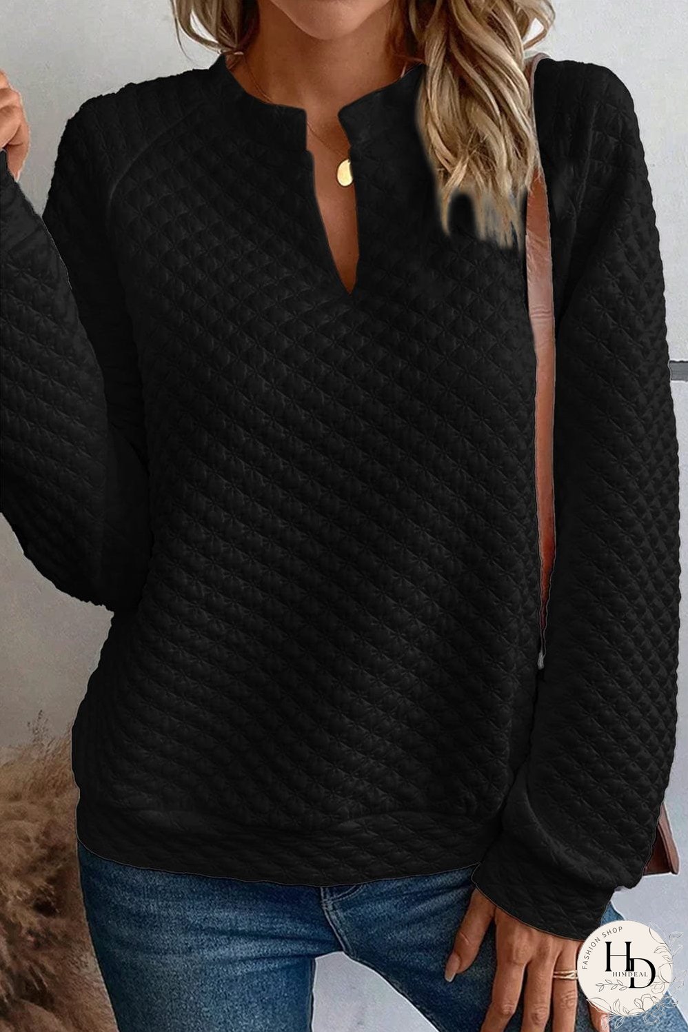 Chic Black Quilted Split Neck Long Sleeve Blouse